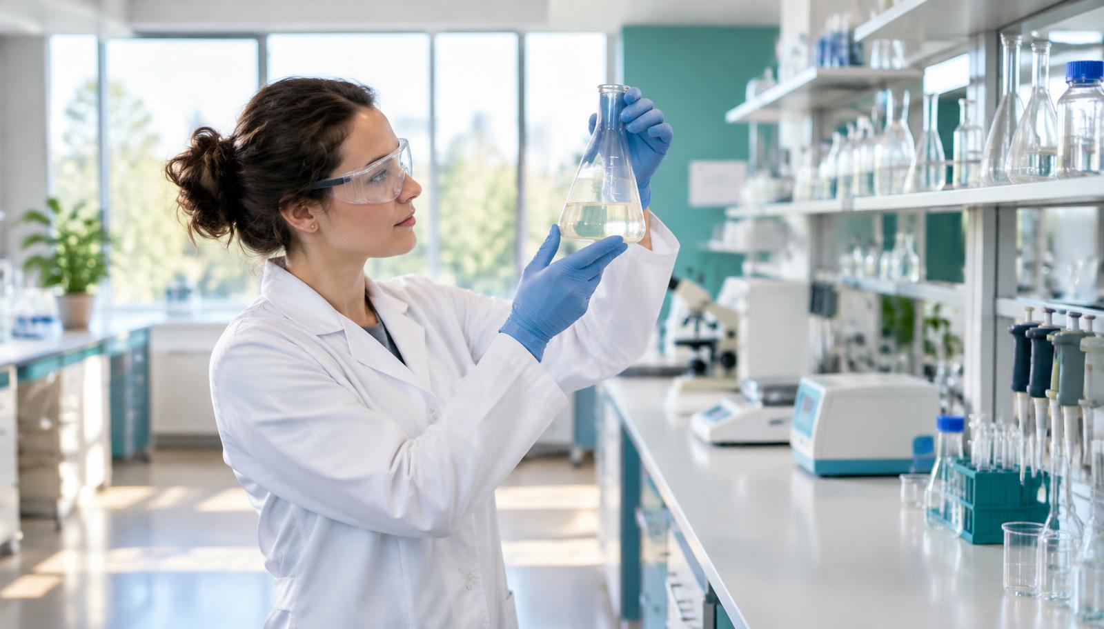 Scientist working with glassware in a chemistry laboratory